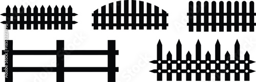 Collection of various fence and gate designs in black silhouette on white background