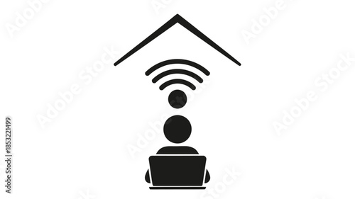 Remote work concept person using laptop under a house shaped wifi signal