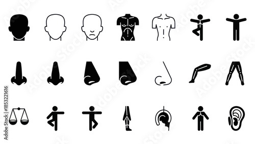 Human body parts and poses icons set in simple black and white style