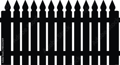 A black picket fence with pointed tips on a white background resembling a classic victorian style garden or property boundary fencing design