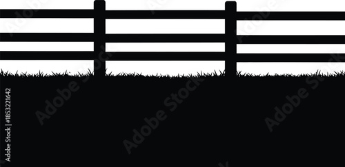 A simple black and white illustration of a rustic wooden fence in a grassy field or meadow landscape