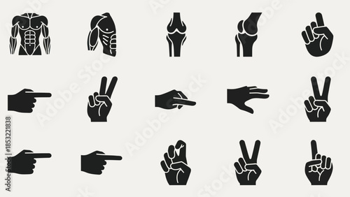 Human body parts and hand gestures icon set for design and education