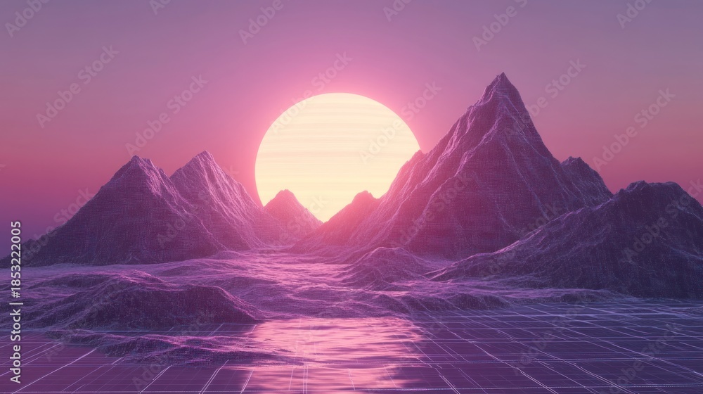 Fototapeta premium Retro sunset over purple mountains and grid landscape.