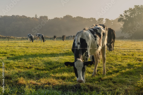 Cows in the meadow on foggy morning