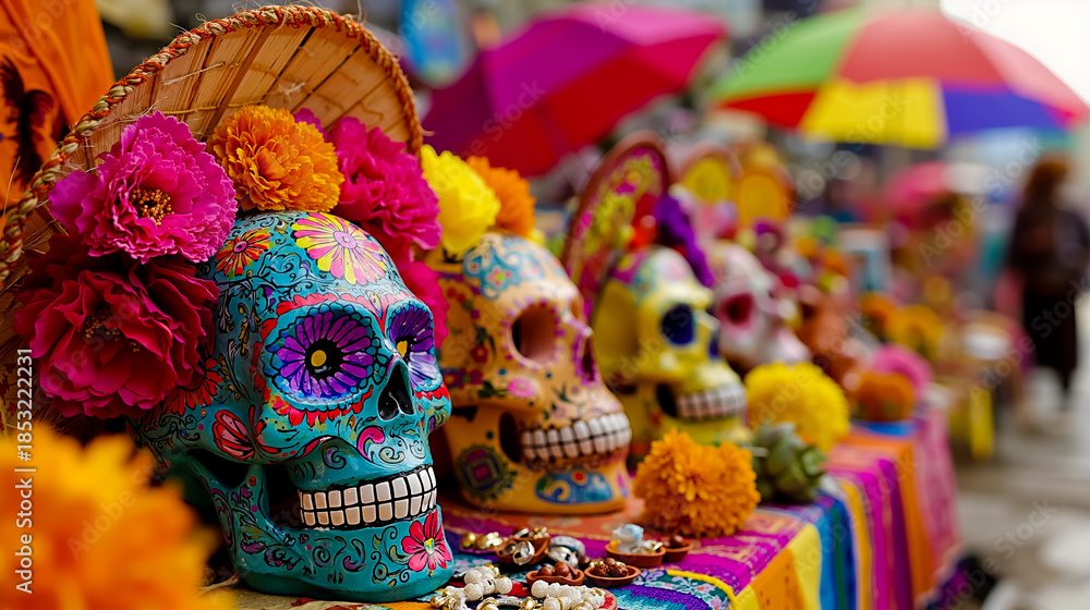 Fototapeta premium A vibrant and colorful display of sugar skulls and flowers with a festive atmosphere