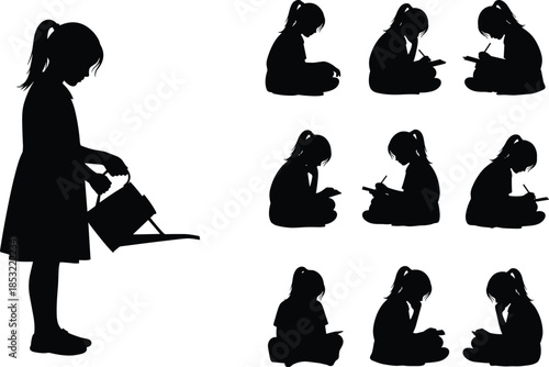 Happy family parent and children silhouettes illustration, loving father mother with kids walking together, parenting care concept, family relationship vector set