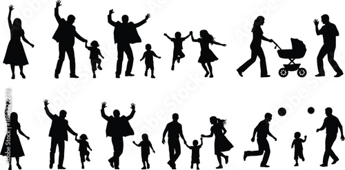 Happy family silhouettes showing parents and children walking, playing, dancing and enjoying active outdoor moments together in a joyful lifestyle vector illustration