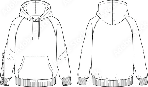 Hoodie Raglan Sleeve Sweatshirt Fashion Technical Sketch Template with Kangaroo Pocket Flat Garment Drawing Front and Back View Vector Illustration (20 words)