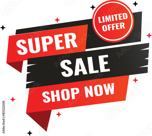 Super Sale Promotional Banner with Limited Offer Badge and Shop Now Call to Action, Modern Red and Black Ribbon Design Vector EPS