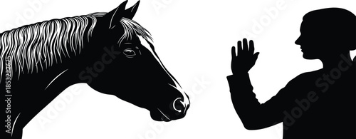 Horse Head and Human Hand Silhouette Vector Illustration, Equine and Person Interaction, Trust, Friendship, and Relationship Between Man and Domesticated Animal Graphic
