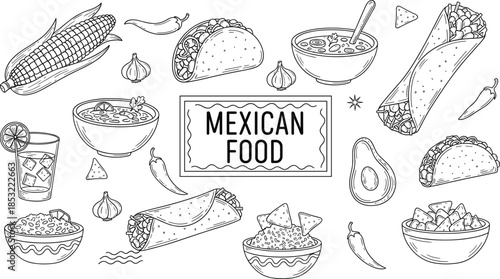 Hand Drawn Mexican Food Vector Illustration Set with Tacos Burritos Nachos Corn and Chili Peppers for Restaurant Menu Design and Coloring Pages