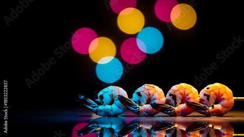 Vibrant shrimp cocktail with colorful bokeh lights