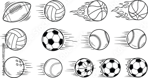 Vector Set of Hand Drawn Sports Balls Including Football Soccer Basketball Baseball and Bowling in Motion with Speed Lines and Flames