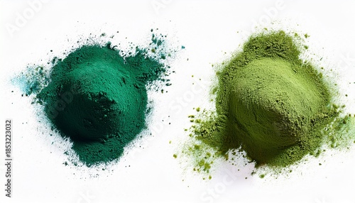 Two Sets Of Spirulina And Green Tea Powder Splash Overhead On Transparent Background