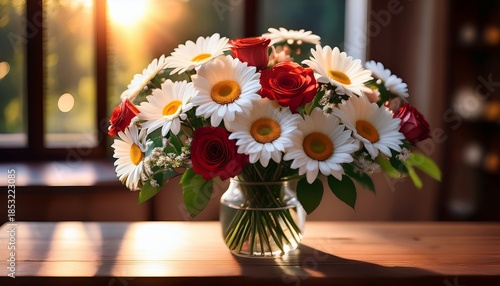 Close Up Of A Floral Arrangement With Daisies And Roses In A Glass Vase On A Wooden Table With Warm Lighting From A Nearby Window