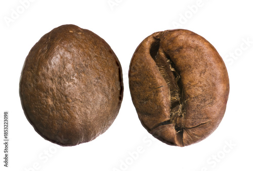Close up of a coffee bean front and back with detailed texture, natural brown color, macro food photography isolated on white background.