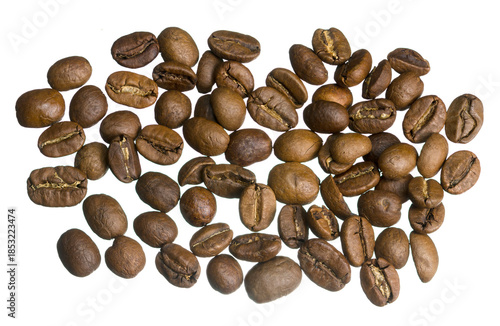 Whole roasted coffee beans isolated on white background, macro detail and natural texture.