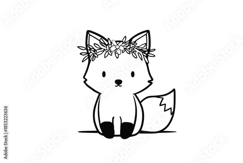 Adorable Cartoon Fox with Wreath – Minimalistic Line Art for Kids Coloring Books, Perfect for Winter Themes