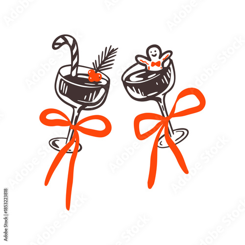 Hand drawn crayon doodles two Christmas cocktail glasses with peppermint, candy cane and gingerbread. Festive xmas martini, hot wine, margarita drink. Celebration toast. Charcoal sketch illustration