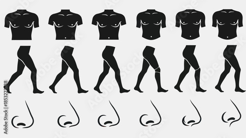 Human body silhouette sequence torso legs and nose in black and white