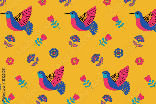 Mexican seamless pattern with birds and flowers on yellow background.