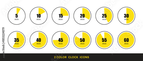 Minimal two-color clock icon set showing time progress from 5 to 60 minutes. Ideal for UI, apps, infographics, presentations, and productivity designs