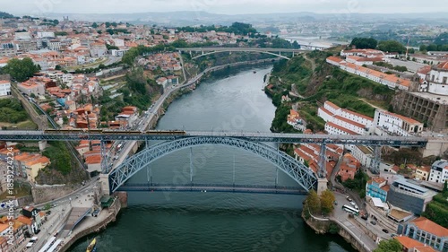 Dom Luis I Bridge at Porto in District of Porto Portugal. Landscape Aerial View in cloudy day