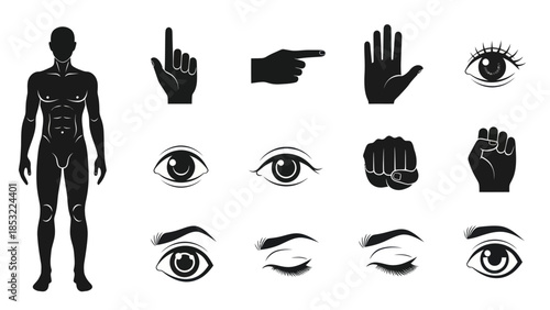 Human body and hand gestures silhouettes set for design and illustration