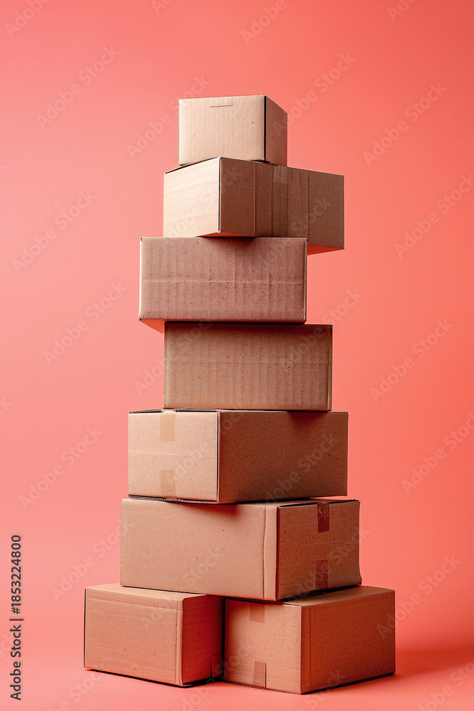 Obraz premium Stacked cardboard boxes on a vibrant coral background showcasing packaging and storage solutions