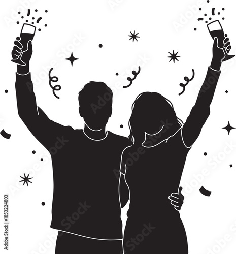 Couple toasting with champagne glasses amidst falling confetti and sparkling stars, a visual for celebrations and achievements Happy new Year Merry Christmas also transparent background