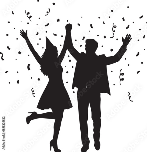 Energetic silhouette of a couple celebrating with raised arms and party hats amidst a shower of confetti, jubilant occasions Happy new Year Merry Christmas also transparent background