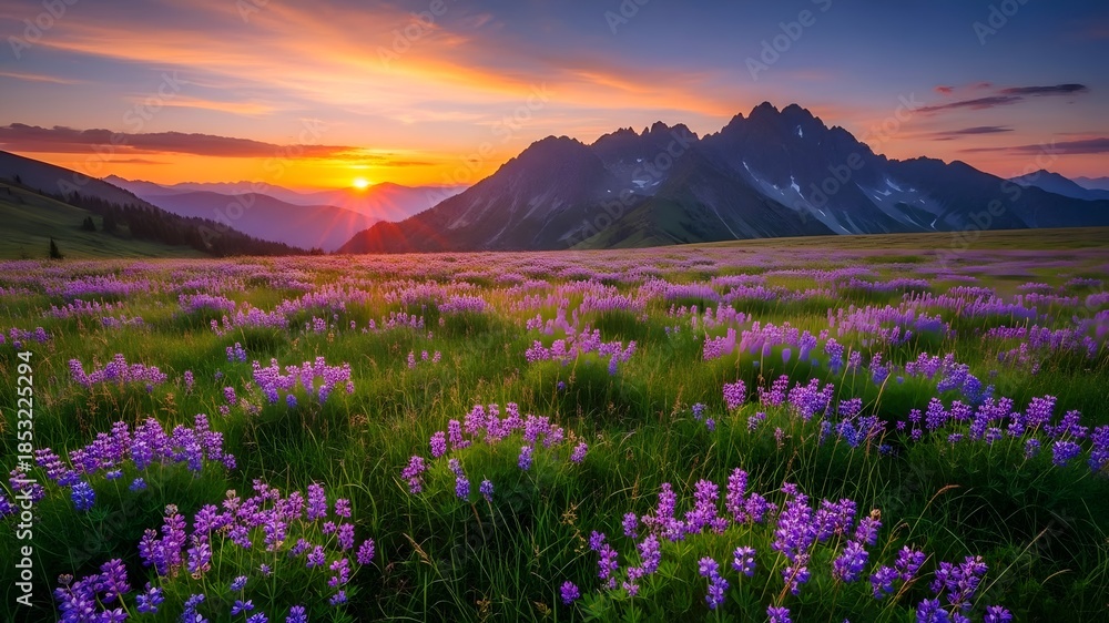 Fototapeta premium Vibrant purple wildflowers bloom in serene mountain meadow at sunset.