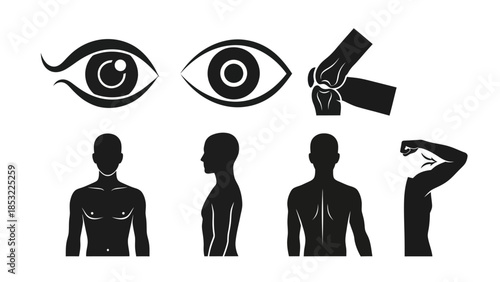 Human body parts silhouettes eyes joints and figures in black and white