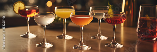 Panel kuchenny z motywem Sophisticated cocktail arrangement featuring assorted drinks under warm ambient lighting ambiance