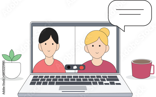 Flat vector illustration of online video meeting with laptop screen showing two people. Concept of remote work, virtual communication and teamwork