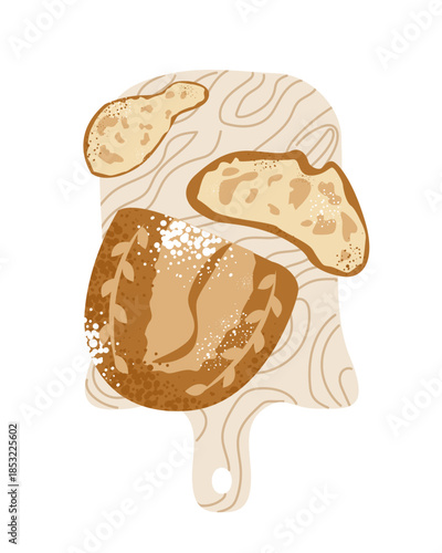 Traditional classic bread  on a cutting board. White wheat flour baking. Crisp Loaf. Nutrition product, Isolated on white background. 