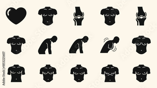 Human body icons heart torso joints postures silhouette medical symbols