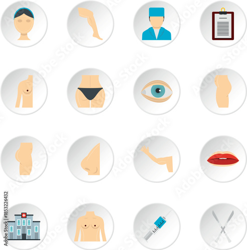 Plastic surgeon icons set in flat style