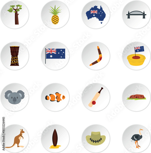 Australia travel icons set in flat style