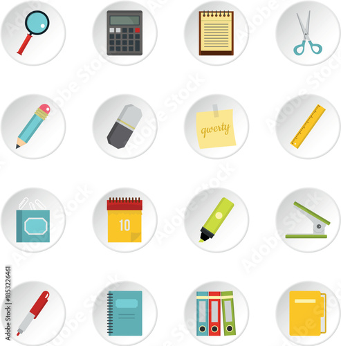 Stationery symbols icons set in flat style