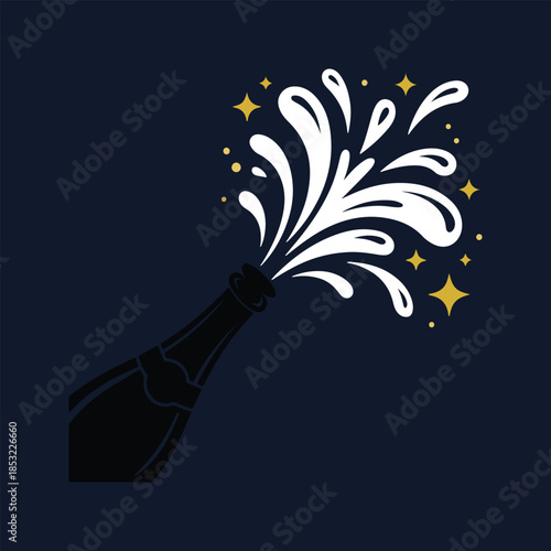 Champagne Bottle Popping with Flying Cork and Splashing Liquid