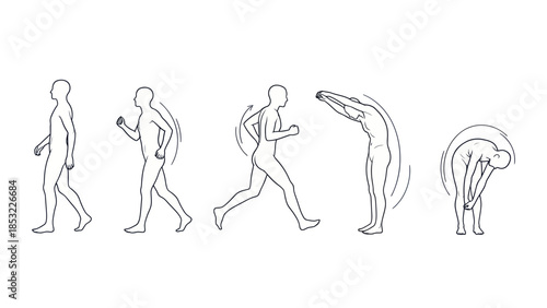 Human body movement sequence illustration walking running and stretching