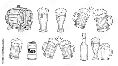 Assortment of beer containers and glasses, Assorted beer containers and drinks
