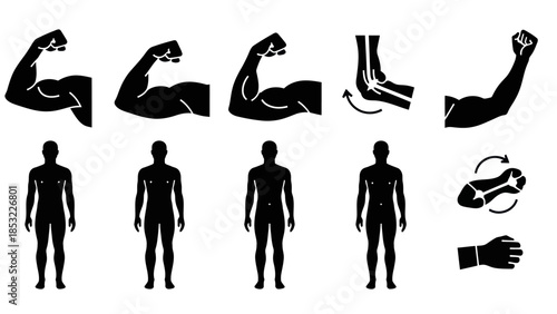 Human body silhouettes and arm gestures depicting health and strength