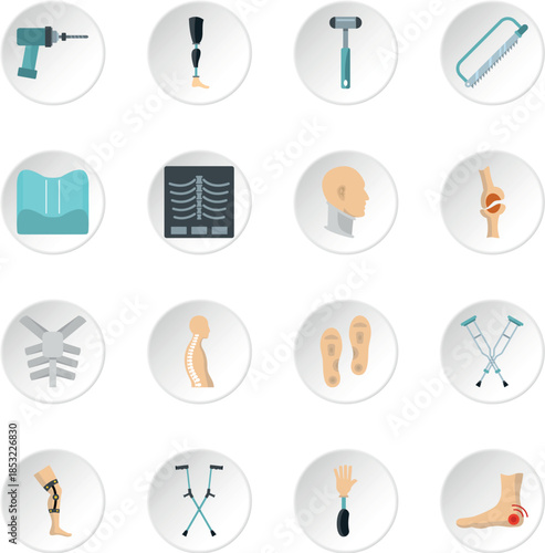 Orthopedics prosthetics icons set in flat style