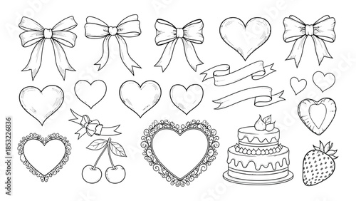 Assorted decorative elements for celebrations. Collection of heart and bow illustrations, Assorted hearts and bows