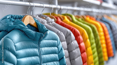 shelves with large selection of modern down jackets in sports store, retail shopping interior, winter outerwear display, active lifestyle and outdoor fashion concept