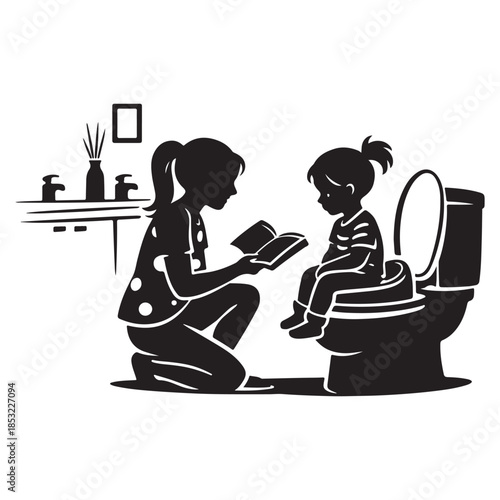 Mother teaching young child toilet habits with patience and care