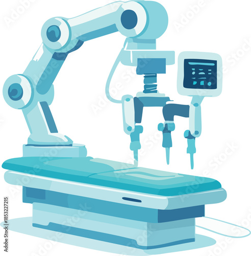 A clean flat illustration depicts a modern medical robotic surgical system with articulated robotic arms and a digital control interface positioned over an operating table.