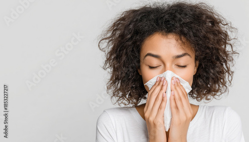 Young woman blowing her nose with a tissue on a white background, expressing cold, allergy, or flu symptoms, healthcare concept with copy space and clean minimal style